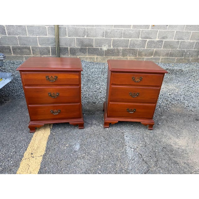 Pair of Vintage Georgian Style Cherry Wood 3 Drawer Nightstands or Bedside Tables Solid wood frame, brass metals, dovetail...