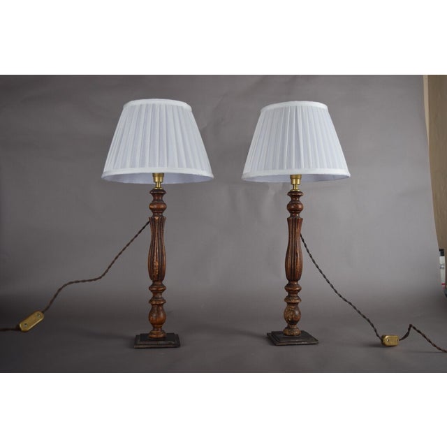 Vintage Turned Wood Table Lamps with Pleated Shades, France, 1970s, Set of 2 For Sale - Image 10 of 12