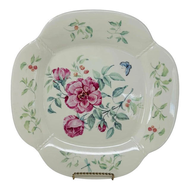 Lenox Morningside Cottage Round Platter | Ivory Bone China Chop Plate With Gold Trim | Pink Floral, Butterfly & Dragonfly Design For Sale