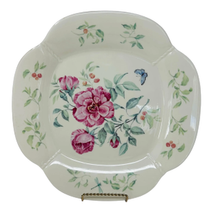 Lenox Morningside Cottage Round Platter | Ivory Bone China Chop Plate With Gold Trim | Pink Floral, Butterfly & Dragonfly Design