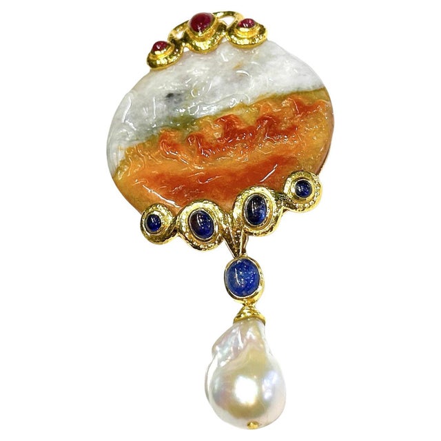 Metal Bochic “Orient” Vintage Jade & Blue Sapphire Brooch, Pendant Set In 18K Gold For Sale - Image 7 of 8