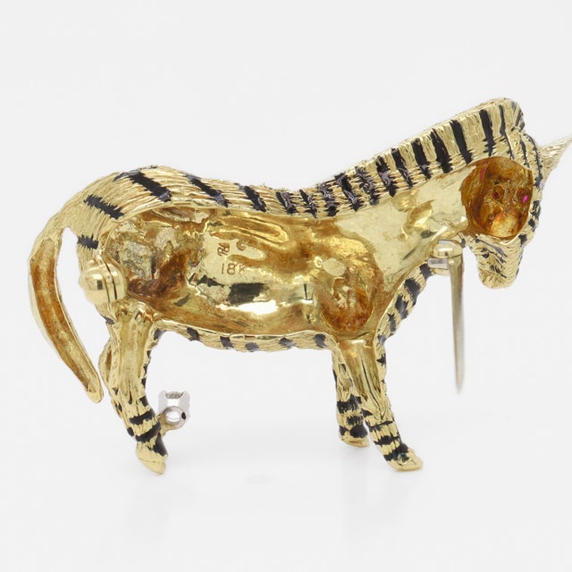 Metal Vintage Signed 18k Gold, Black Enamel, & Diamond Figural Zebra Brooch For Sale - Image 7 of 14