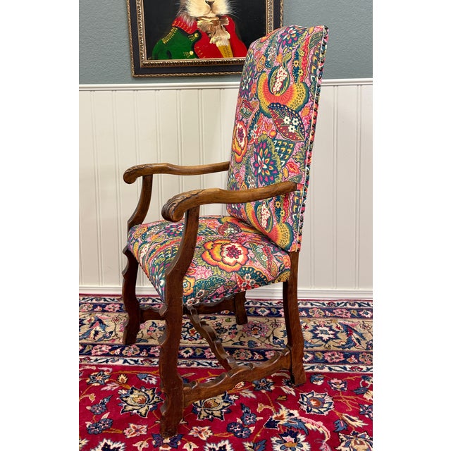 Antique Pair of Catalan Style Carved Oak Recently Upholstered Armchairs C. 1920s For Sale In Dallas - Image 6 of 18