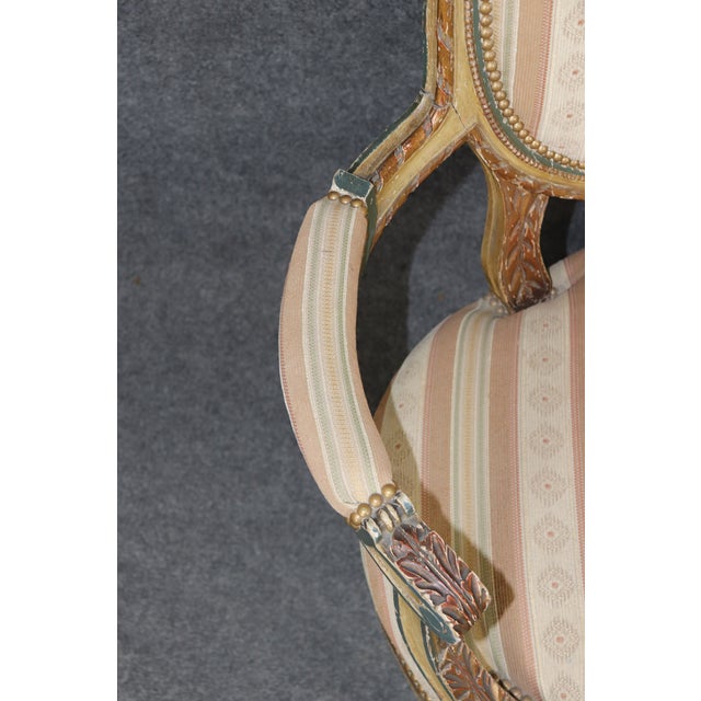 Antique French Louis XVI Style Paint Decorated & Gilt Carved Settee For Sale - Image 11 of 13