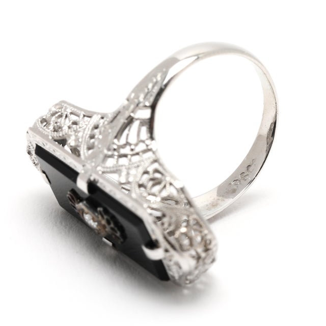 Early 21st Century Vintage Black Onyx & Diamond Filigree Ring, 14k White Gold, Ring Size 5 For Sale - Image 5 of 7