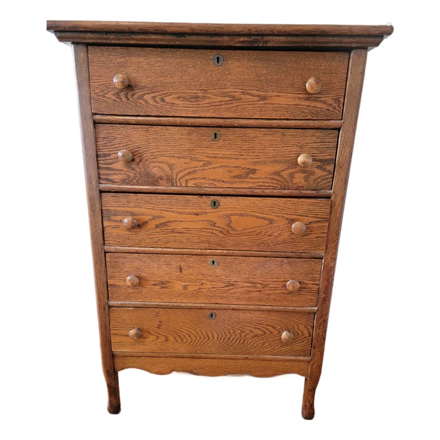 Antique Quarter-Sawn Tiger Oak Tall Chest / Highboy, C. 1905–1915, Five Drawer Dresser For Sale