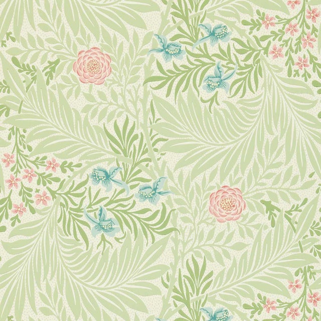 Morris & Co Larkspur Wallpaper in Green/Coral For Sale