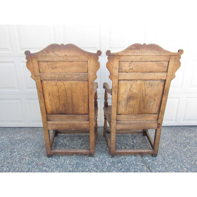 Wood Antique Pair of English Jacobean Style Oak Armchairs For Sale - Image 7 of 18