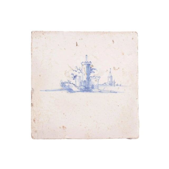 Pair of Delft tiles depicting fortified towers in cobalt underglaze blue. Netherlands, 17th century. Dimensions: 5" L x 5"...