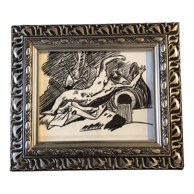1970’s Original Vintage Ink & Charcoal Male Nude Drawing Ornate Vintage Frame For Sale