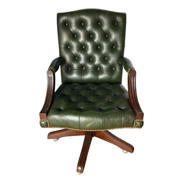 Vintage Gainsborough Chesterfield Style Swivel Chair in Green Leather, 1950 For Sale