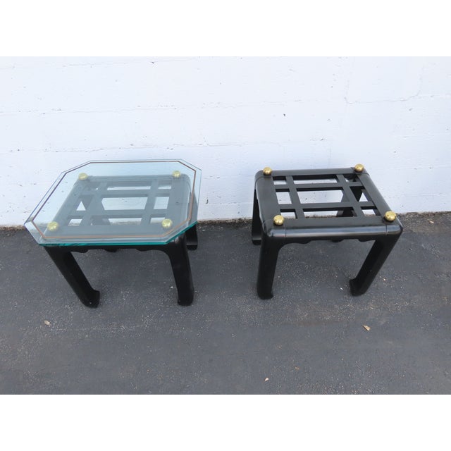 Wood Hollywood Regency Black Painted Glass Top Side Tables a Pair 6901 For Sale - Image 7 of 18