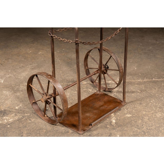 Metal Antique Industrial Cylinder Cart With Chain Retainer For Sale - Image 7 of 9