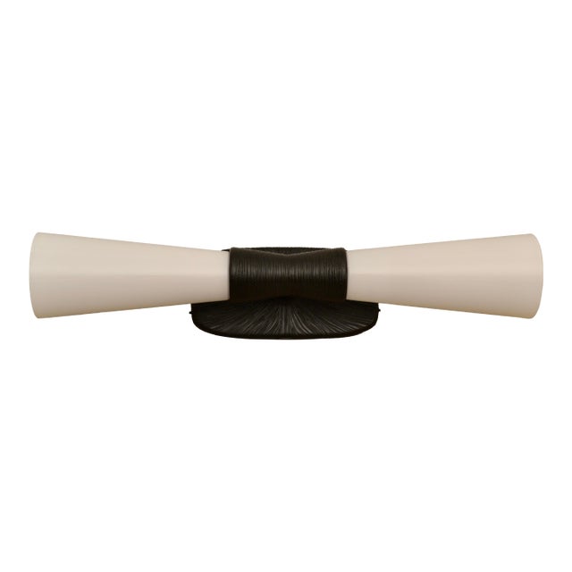 Visual Comfort Utopia Double Bath Sconce in Aged Iron With White Glass For Sale