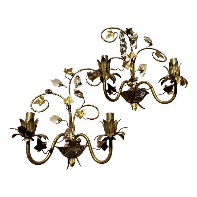 Florentine Gilt Wall Sconces with Glass Ivy Leaves, 1970s, Set of 2 For Sale