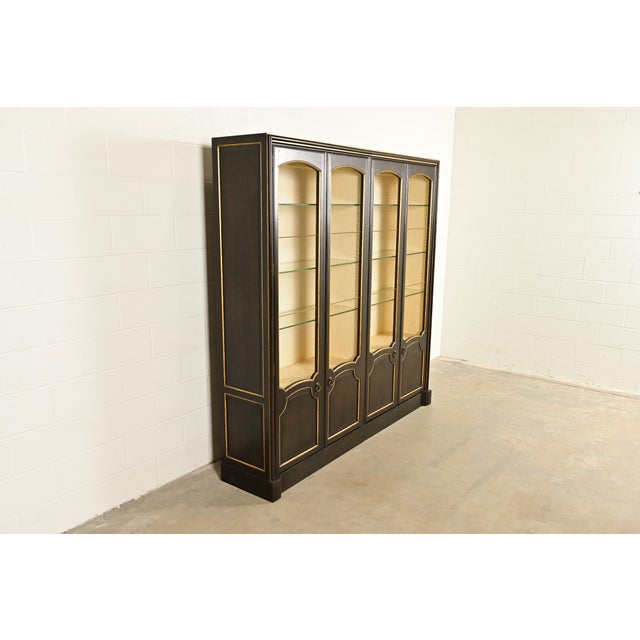 Baker Furniture Company Baker Furniture French Regency Louis XVI Carved Walnut and Parcel Gilt Lighted Breakfront Bookcase Cabinet, Circa 1960s For Sale - Image 4 of 14