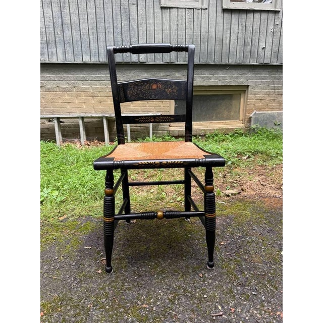 Wood Mid 20th Century Set of 8 Hitchcock Style Black Painted Stenciled Dining Side Chairs With Rush Woven Seats For Sale - Image 7 of 15