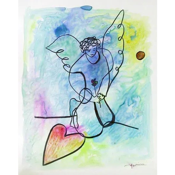 Contemporary Angel With Heart Ii, Avi Farin Watercolor on Paper, Signed L.r. For Sale - Image 3 of 3