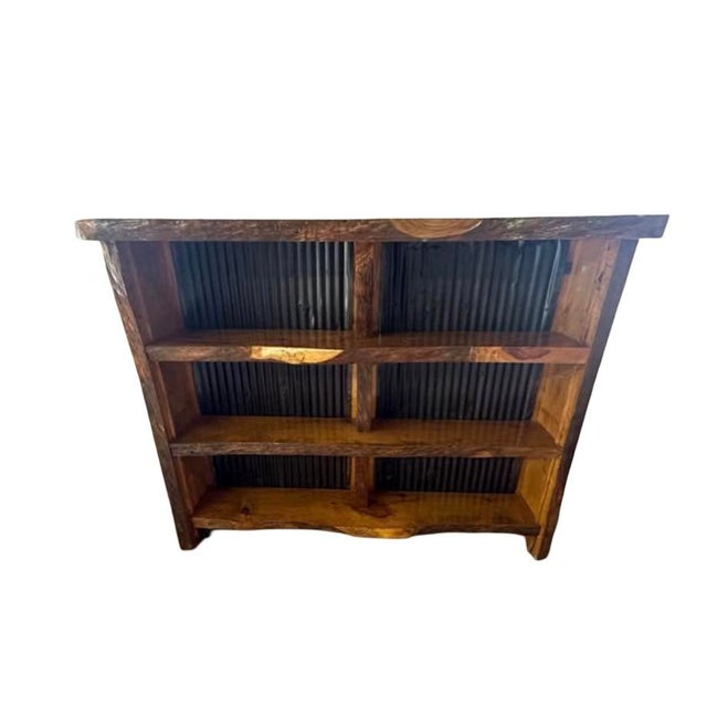 Brown Late 20th Century Rustic Live-Edge Solid Wood & Corrugated Metal Open Bookcase For Sale - Image 8 of 8