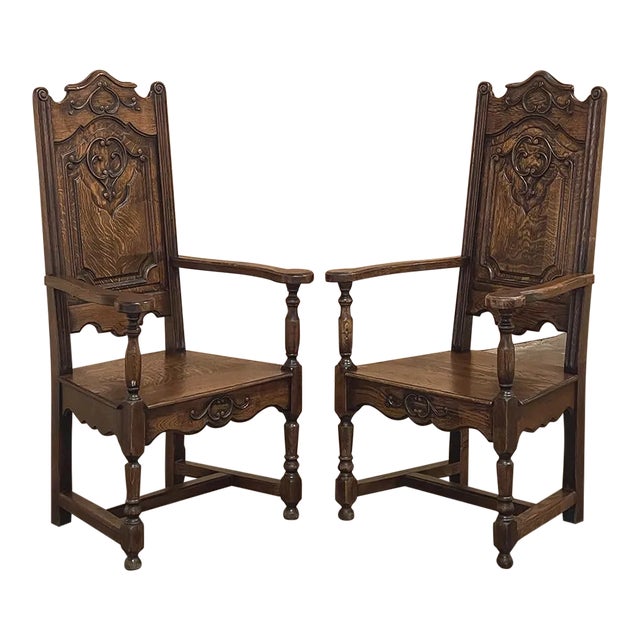 Pair Antique Liegoise Louis XIV Solid Oak Armchairs For Sale