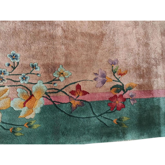 1920s Antique Chinese Beige Cream Open Field Floral Art Deco Wool Knotted Rug For Sale - Image 12 of 13
