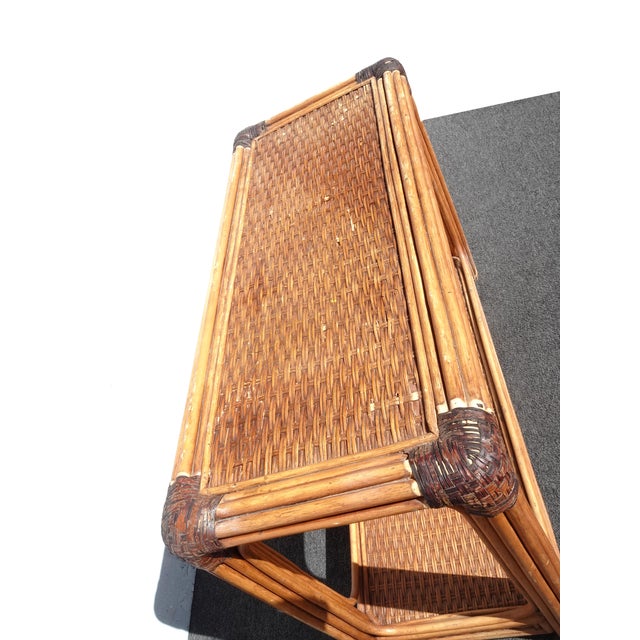1970s Vintage Rustic Console Sofa Table Tiki Palm Beach Style W Bamboo Rattan Leather For Sale - Image 5 of 11