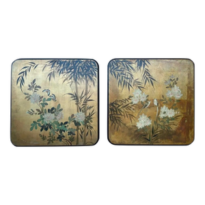 Pair of 20th Century Japanese Two Wood Panel Paintings — Birds and Butterflies