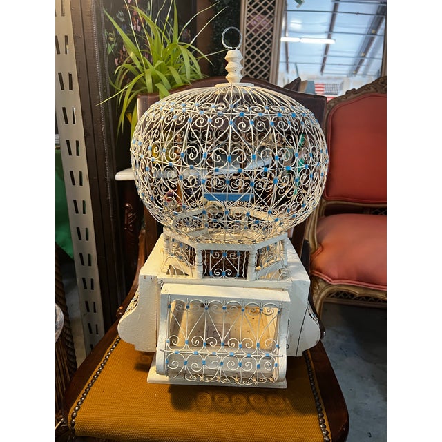 White Vintage Indo-French White Metal Bird Cage With Hand Made Bird Figurines For Sale - Image 8 of 11