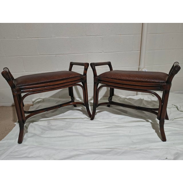 Wood Pair of Rattan Benches Made in Phillipines Tobacco Brown For Sale - Image 7 of 12