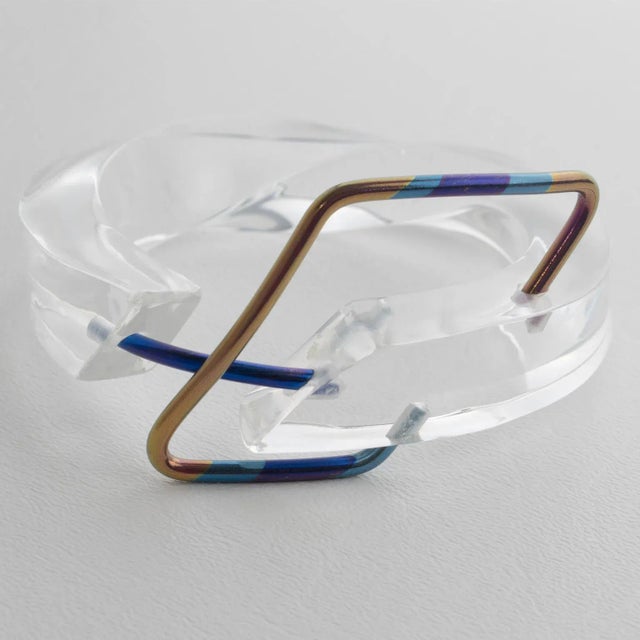 Contemporary Transparent Lucite Plexiglass Bangle Bracelet With Anodized Aluminum Belt Buckle For Sale - Image 3 of 14