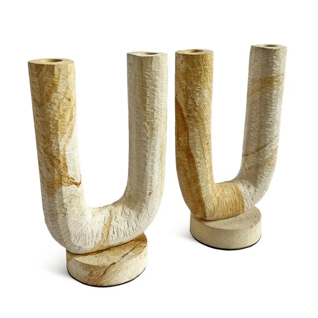Beautiful modern sandstone U-shaped two-way candlestick stand. Warm tones of sandy beige and tan. Hand carved and each...