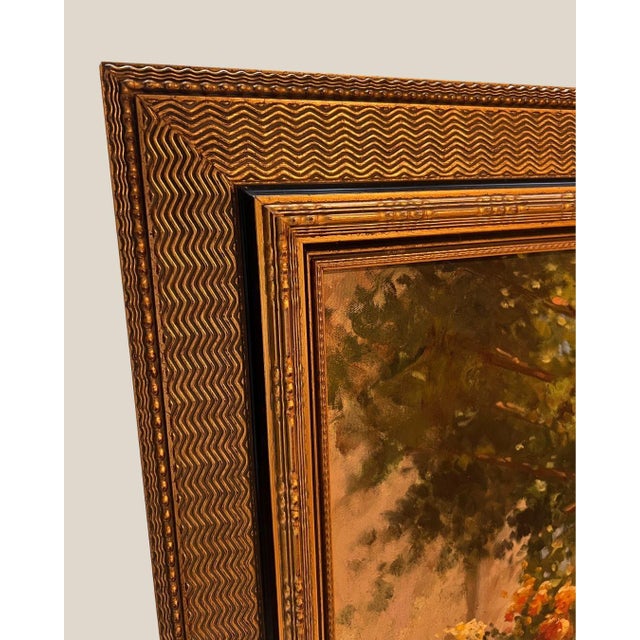 Wood XL Framed Vintage Floral Landscape Oil Painting For Sale - Image 7 of 13