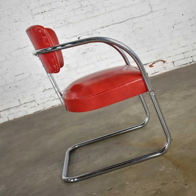 Metal Art Deco Streamline Modern Bauhaus Accent Chair Cantilever Chrome & Red Vinyl Attributed to Kem Weber for Lloyd’s Manufacturing For Sale - Image 7 of 13
