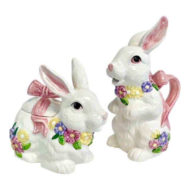Mid-Century Trompe L’Oeil Hollywood Regency Majolica Bunny Creamer and Sugar Bowl - A Pair, Easter For Sale