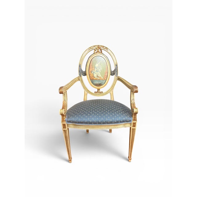 Pair of Vintage Neoclassical Painted & Gilt Louis XVI Style Armchairs With Hand-Painted Medallion Backs For Sale In Boston - Image 6 of 15
