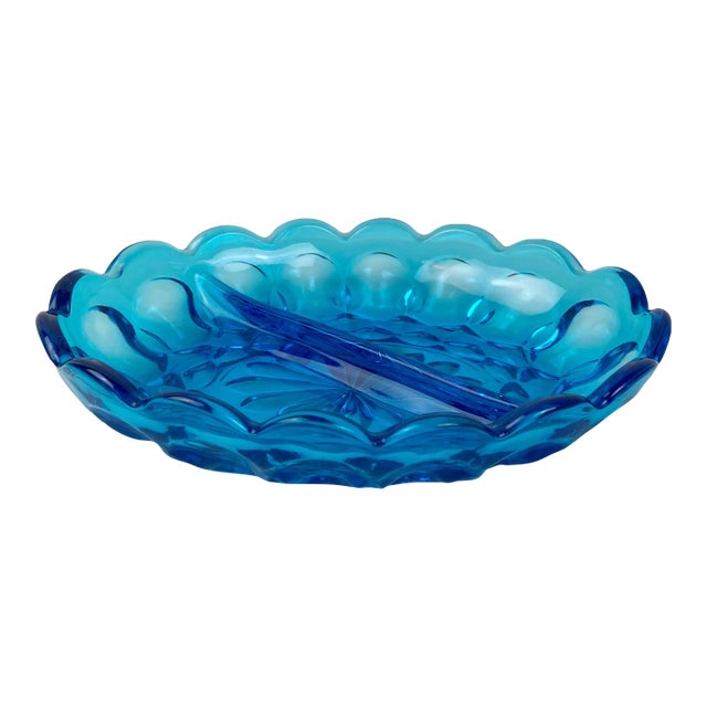 Vintage Turquoise Blue Indiana Glass Oval Divided Dish For Sale