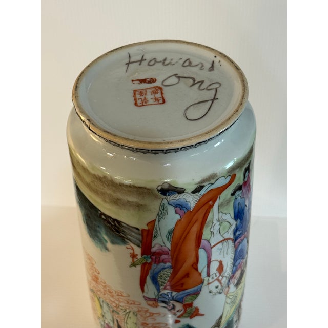 Ivory Vintage Chinese Famille Rose Scholar Scene Porcelain Vase 13.25” Tall For Sale - Image 8 of 12