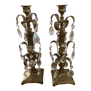 Early 20th Century Brass and Glass Ornate Decorative Candlesticks- a Pair For Sale