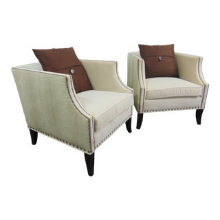 Bernhardt Modern Design Leather & Velvet Club Chairs - a Pair For Sale