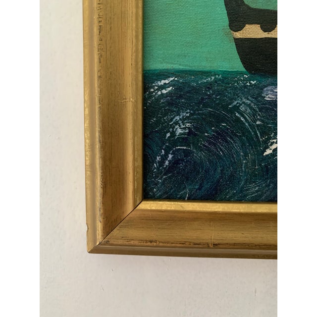 A maritime seascape featuring a vivid turquoise sky that makes an immediate statement against choppy waters rendered in...