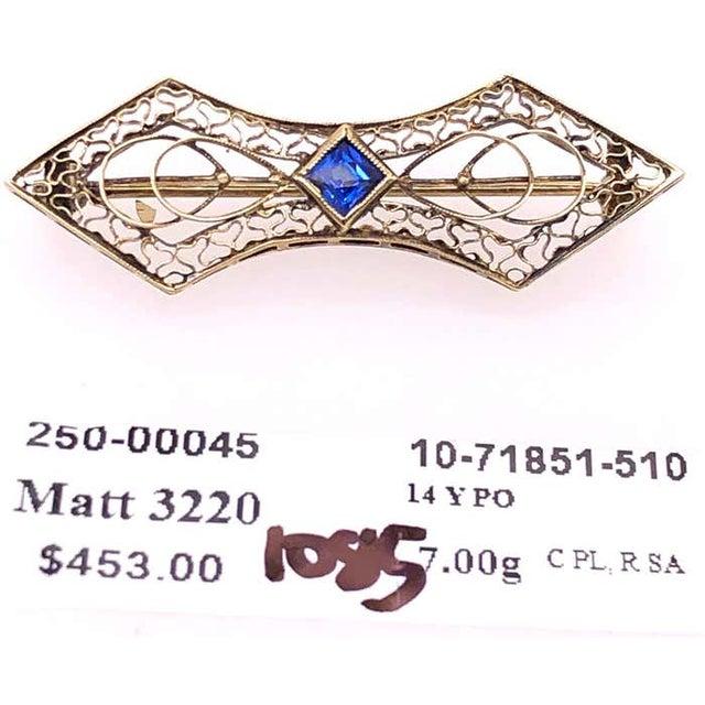 Metal 14 Karat Yellow Gold With Sapphire Center Stone Filigree Brooch For Sale - Image 7 of 9