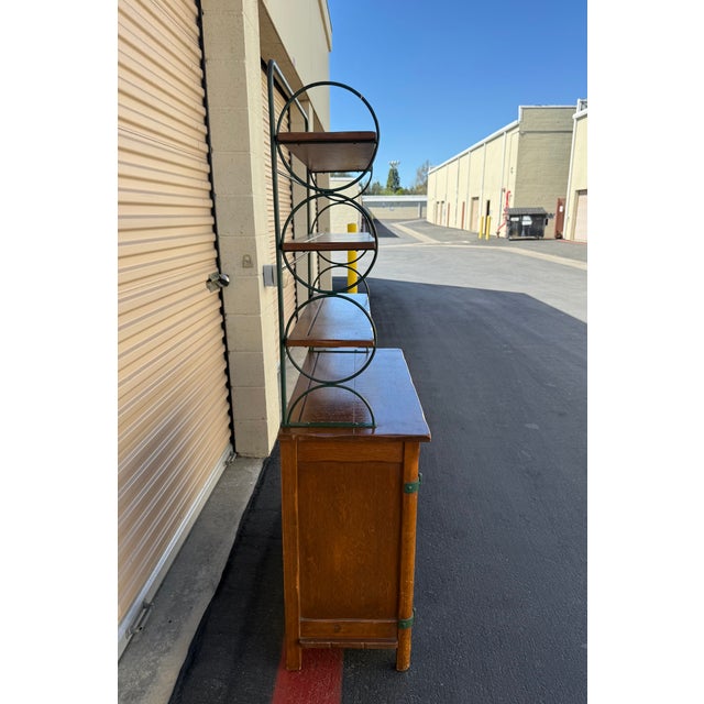 Spanish Revival 1940s Monterey Furniture Company Maple Baker’s Rack/Hutch With Green Wrought Iron and Shelving For Sale - Image 3 of 14