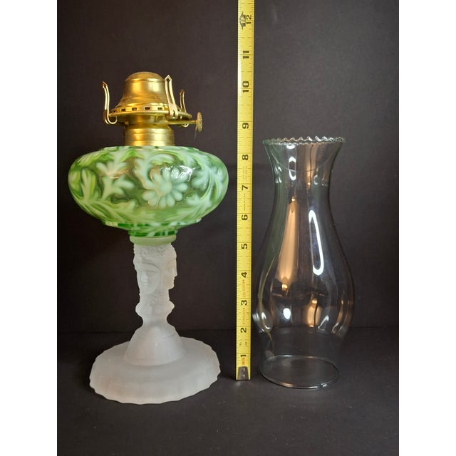 Victorian Vintage-Style Green Floral Glass Table Lamp With Frosted Female Head Pedestal Base For Sale - Image 3 of 13