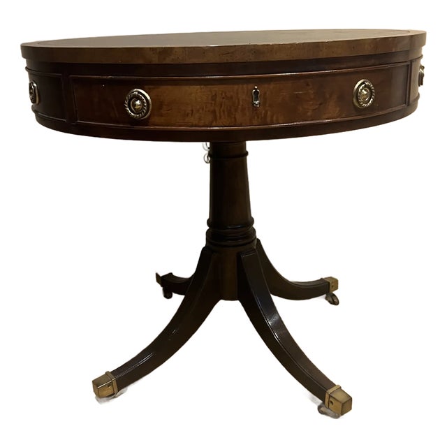 Early 21st Century Leather Top Drum Accent Table by Henredon For Sale