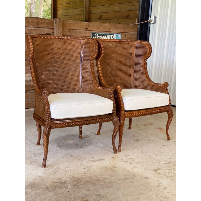 Pair of Rope Tassel Double Caned Carved Wood Wingback Chairs Chairish