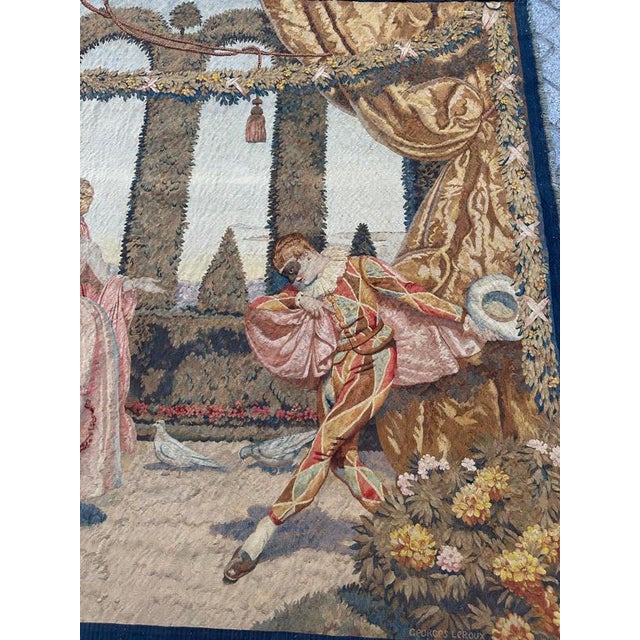 A magnificent early 20th-century Beauvais tapestry, entirely woven in silk, depicting an elegant and theatrical garden...