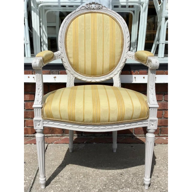 Fabulous 19th Century French Louis XVI Arm Chair in new Gray Lacquer and New Todd Hase Gold Stripe Upholstery. Add some...