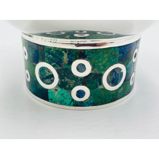 Silver Los Castillo Silver Plate Malachite & Lapis Inlaid Bowl, Taxco, Mexico, 1960s For Sale - Image 8 of 18