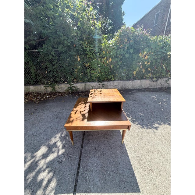 Mid-Century Modern Mid-Century 2 Tier Walnut and Brass Accent Corner Table by Lane Furniture For Sale - Image 3 of 16