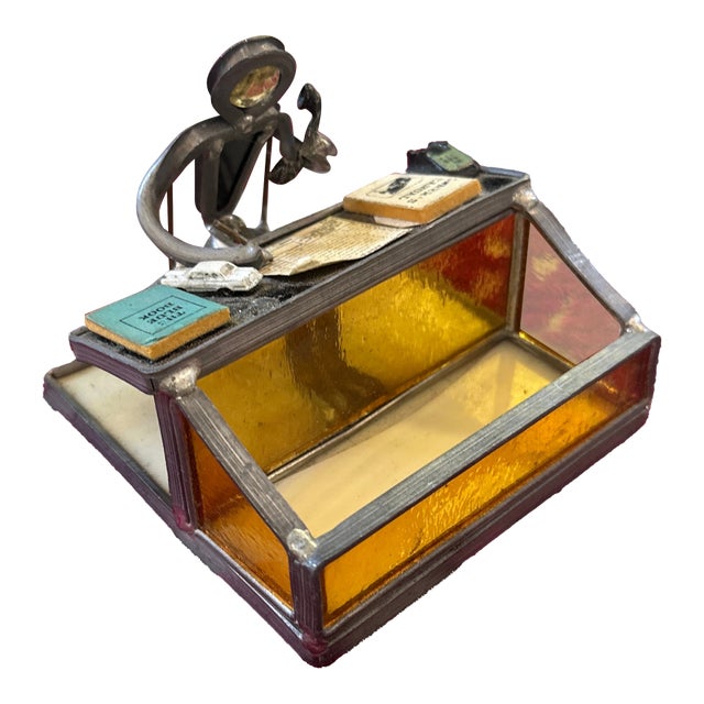 Vintage Amber Glass and Metal Figure Business Card Holder For Sale